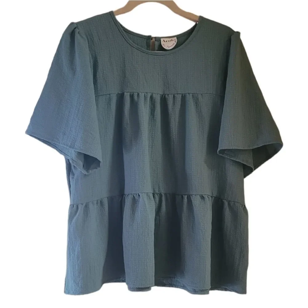 SOLD🎯Arula NWT Boho Tiered Blue Ruffle Blouse Size XL - Picture 4 of 12